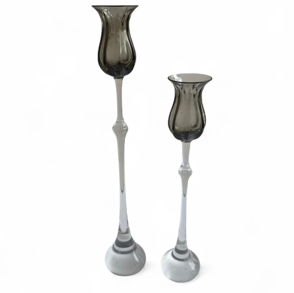 Vintage Rosenthal Crystal Tulipa Smoke Candlesticks – Set of 2 (10" & 12.5") - Picture 7 of 7